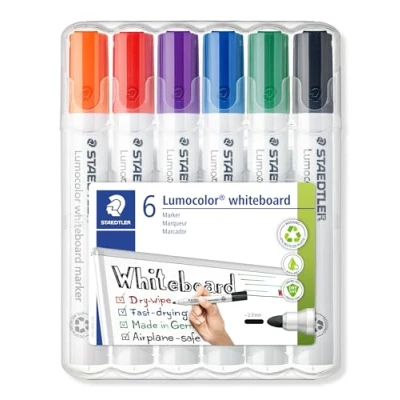 Imagen de Staedtler 351 WP6 Rotuladores para pizarra blanca Lumocolor, inodoro, secado rápido y recargable, paquete de 6 colores Surtido