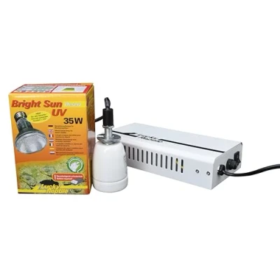 Imagen de Lucky Reptile Bright Sun UV Desert Set Completo 35W Lámpara halogenuros metálicos Base y balasto Incluido de Calor para Reptiles cerámica termorresistente Accesorios terrario