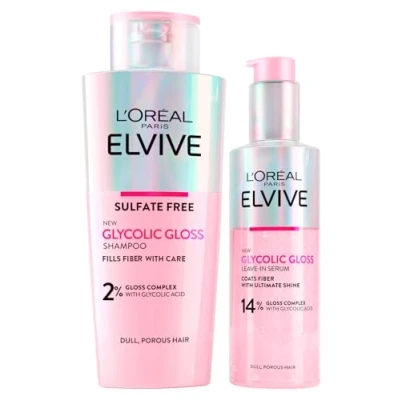 Imagen de L&#039;Oréal Paris Elvive Glycolic Gloss Champú Pelo Iluminador con Ácido Glicólico 200ml + Sérum sin Aclarado para Cabellos Porosos y Apagados Brillo Intenso Duradero 150ml 2 Frascos