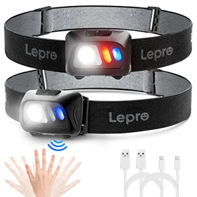 Imagen de Lepro Linterna Frontal Recargable 1500lux(2 Pack), LED Alta Potencia con Sensor de Movimiento, Cabeza USB 5 modos Luz Impermeable para Correr, Pescar, Acampar