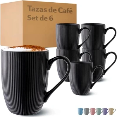 Imagen de Cosumy Tazas para Cafe con Leche Grande Juego de 6 Café, Té y Capuccino en Color Negro Diseño Único Cerámica Mate Aptas Microondas &amp; Lavavajillas