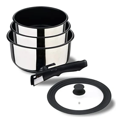 Imagen de BERGNER Click &amp; Cook Juego de sartenes 16, 18 y 20 cm + mango extraíble tapa universal Acero inoxidable revestimiento antiadherente Para todo tipo cocinas hornos