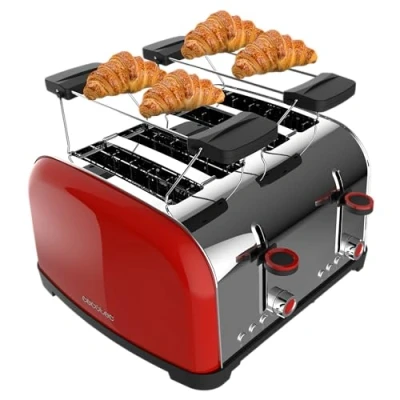 Imagen de Cecotec Tostador Vertical Toastin&#039; Time 1700 Double Red, 1700W, Doble ranura corta y ancha 3,8cm, Varillas Superiores, Acero Inoxidable, Apagado Pop up Automático, Recogemigas