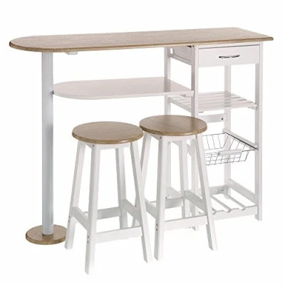 Imagen de LOLAhome Conjunto de Mesa Alta y 2 taburetes con 1 cajón, estantes, Cesta extraíble botellero para Cocina Madera Blanco Natural