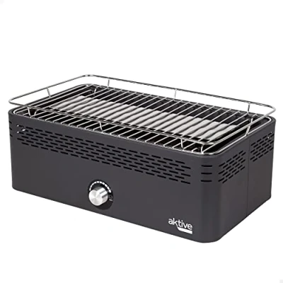 Imagen de Aktive Barbacoa Portátil a carbón recargable pilas sin Humo Negra rectangular, Protección antigoteo, Medidas 45x28x19cm, Incluye bolsa de transporte, parrilla terraza, balcón (63004)
