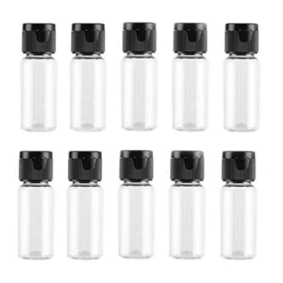 Imagen de VASANA 20 botellas de plástico transparente vacías 15 ml con tapa negra abatible, frascos para muestras viaje gel ducha emoliente y emulsión crema facial