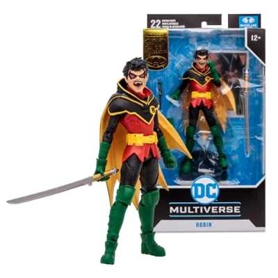 Imagen de Mcfarlane DC Multiverse Escultura Robin Damian Wayne Clásica, Etiqueta dorada, Figura articulada 18 cm con diseño original, base vuelo, tarjeta coleccionable y accesorios, +12 años, Bizak (64387111)
