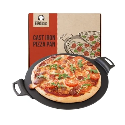 Imagen de Chef Pomodoro Sartén Hierro Fundido para Pizza 38 cm Pan con Asas Plancha Redonda, Comal Tortillas, Parrilla, Horno, Quemadores Gas, Barbacoa y Camping