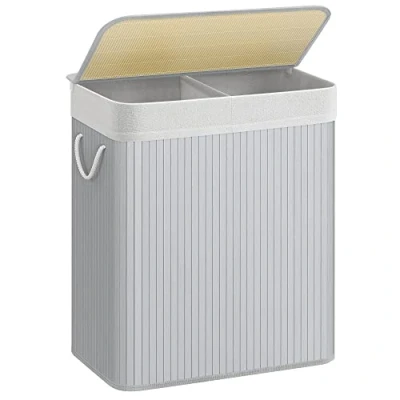 Imagen de SONGMICS Cesta de lavandería con tapa, 2 compartimentos, bambú, bolsa extraíble lavable, extraíble, asas algodón, 100 l, para colada, dormitorio, gris, LCB064G01