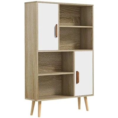 Imagen de HOMCOM Biblioteca escandinava 4 nichos + 2 armarios con estante dim. 80 x 24 123 cm. Patas cónicas inclinadas, madera maciza, roble