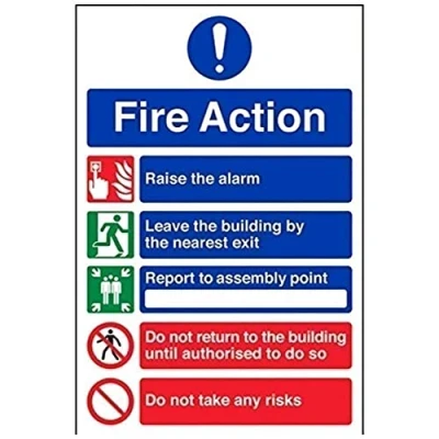 Imagen de vsafety 12006 au r Fire Action Sign, General acción/5 mensaje riesgos, plástico rígido, vertical, 200 mm x 300 mm, Negro/Azul/Verde/Rojo