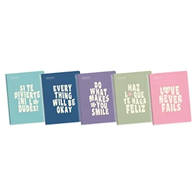 Imagen de Miquelrius Pack 5 Cuadernos A4 Mensajes, Cuadriculado 5x5mm, 80 Hojas de 90 g/m², 1 Franja Color, Espiral Microperforado, Tapa dura, Tamaño 210 x 297 mm y 4 Taladros para anillas