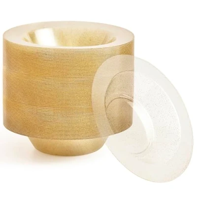 Imagen de MATANA 25 Cuencos de Plástico Duro Transparente con Purpurina Dorada, 360ml Sopa, Platos Hondos para Bodas, Cumpleaños, Barbacoas, Fiestas Resistentes y Reutilizables