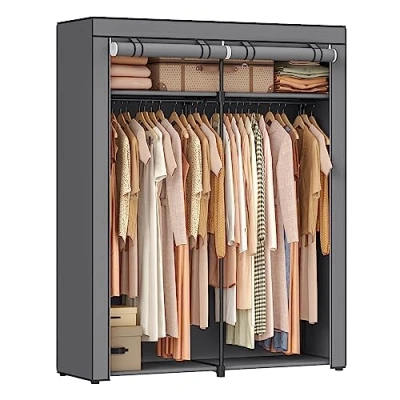 Imagen de SONGMICS Armario de Tela, Portátil con Barras para Colgar, Perchero, Plegable, Guardarropa, Dormitorio, Estudio, 140 x 43 174 cm, Gris RYG02GY