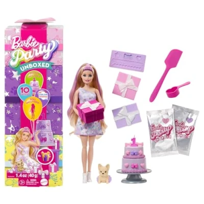 Imagen de Barbie Party Unboxed Serie cumpleaños de Mascotas Lazos Muñeca y Accesorios, Conjunto con 10 sorpresas, como Cambio Color función decoración Pasteles, JFG70
