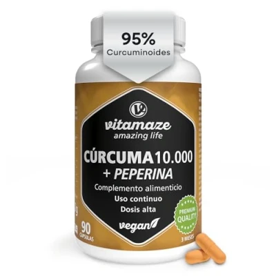 Imagen de cúrcuma 10.000 mg de alta dosis en sólo 1 cápsula con Piperina + Curcumina, 90 cápsulas extracto bioactivo para 3 meses, Complemento alimenticio sin aditivos, Made in Germany