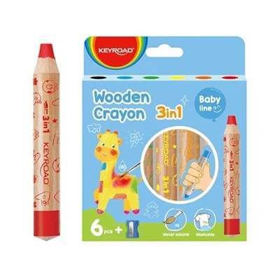 Imagen de Keyroad JUMBO KR972328 Ceras de cera madera 3 en 1, solubles agua, 6 unidades más un sacapuntas/lápices colores para niños, jóvenes, adultos, seguros no tóxicos, multicolor