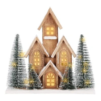 Imagen de casa de madera con luces LED, pueblo navideño temporizador, 32 x 30 cm, decoración mesa Navidad, luz blanca cálida, funciona pilas, Adviento, madera,