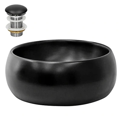 Imagen de ML Design Lavabo De Cerámica Negro Mate Redondo Ø 400 x 155 mm Con Juego Drenaje Sin Rebosadero Lavamanos Moderno Encimera Sobremesa Pila Para Baño Aseo Fregadero Colgante