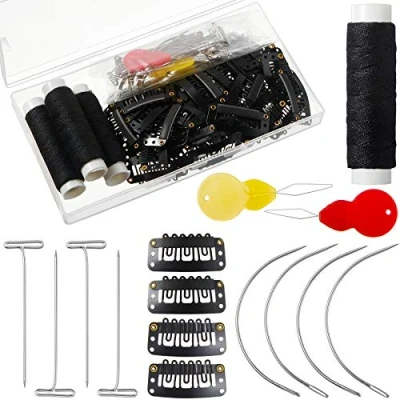 Imagen de Juego de Hacer Peluca Clip Extensiones Pelo 85 Piezas, Incluye 50 Clips a Presión en U, 10 Agujas Curvas, 20 Pasadores T, 3 Rollos Hilo Tejido, 2 Enhebrador para