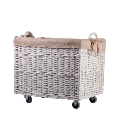 Imagen de e wicker24 caja de almacenaje para lavandería rectangular, cesta mimbre con ruedas y forro tela, baúl almacenamiento mimbre, cesta, (blanco/yute)