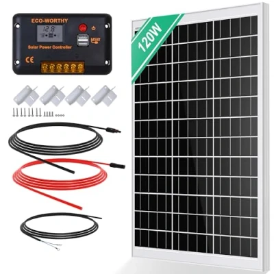 Imagen de ECO WORTHY Placa Solar 12V Monocristalino de 120W, Incluye Módulo 12V, Regulador Carga 30A, Cable 5m, Soporte en Z para Autocaravanas, Casa Rodantes y Sistemas Off grid