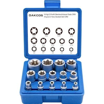 Imagen de DAKCOS Juego de 14 llaves Vaso E Torx hembra con puntas perfiladas 1/4&quot; 3/8&quot; 1/2&quot; E4, E5, E6, E7, E8, E10, E11, E12, E14, E16, E18, E20, E22, E24, Cr V