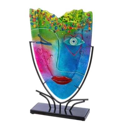 Imagen de GILDE GLAS art jarrón Decorativo Grande para la Cara, de Cristal Pintado a Mano con Soporte Metal, decoración salón, Altura 49 cm, Multicolor