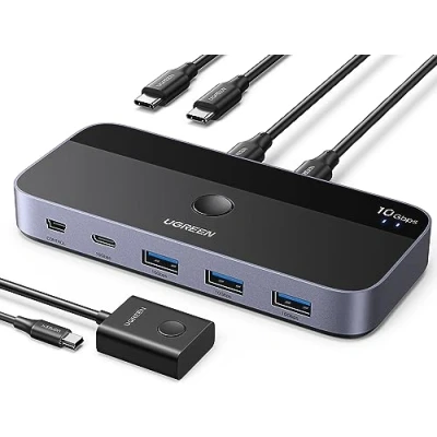 Imagen de UGREEN Switch USB C 3.2 10Gbps 4 puertos 2 Entradas Salidas PC KVM con Controlador de Escritorio y Cables Incluidos para Teclado Ratón Impresora Disco Duro Escáner