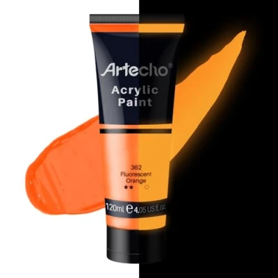 Imagen de Artecho pintura acrílica fluorescente naranja 120 ml, resistente al agua y a la luz, secado rápido, para lienzo, madera, tela, artesanía, piel piedra.