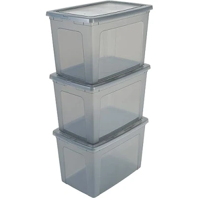 Imagen de Iris Ohyama 3 Cajas de Almacenaje Plástico Versátiles con Tapa, 70L, Gris, Cierre fácil, Apilable, Duradero, para Armario, Estante, Aula, Organizadora, Ropa, Zapatos, Libre BPA, MCB 70