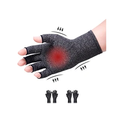 Imagen de Donfri 2 pares de guantes compresión para artritis, sin dedos, aliviar el dolor, juegos y dar calor, aptos mujeres hombres (L, gris)