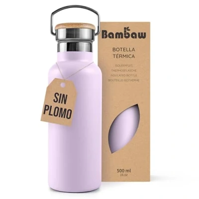 Imagen de Bambaw Botella térmica 500ml, agua violeta, acero inoxidable gimnasio, Termo agua, Cantimplora Lila lavanda