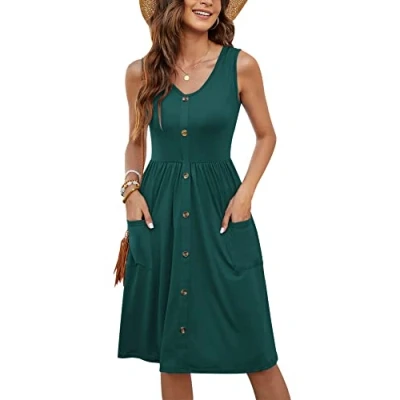 Imagen de MOLERANI Vestidos Casuales para Mujer Plisado con Cuello en V sin Mangas Botones (Verde Oscuro, S)