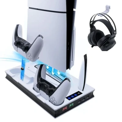 Imagen de Wigearss PS5/PS5 Slim/PS5 Pro Soporte Vertical Ventiladores de Refrigeración y Estación Carga Dual Dontrolador, Multifuncional con Iluminación LED para Consola