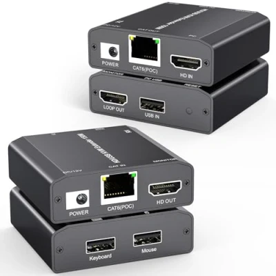 Imagen de KVM Extender a través de Ethernet hasta 150 m, 1080P 60 Hz, HDMI 3 puertos USB 2.0 para teclado y ratón, cable Cat5e/6, sin función POC latencia