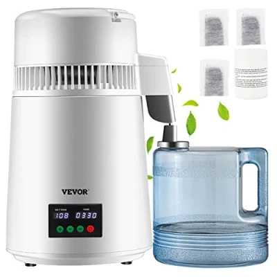Imagen de VEVOR Destilador de Agua 4L Filtro Destilación con Recipiente Plástico 750W 1L/H Ajuste Velocidad, Purificador 7,9lbs Acero Inoxidable Pantalla Doble, Blanco