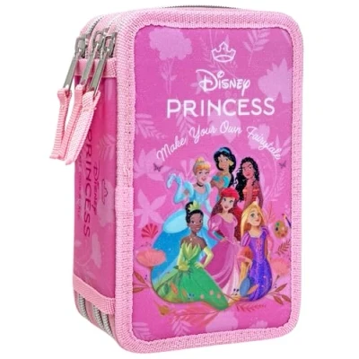 Imagen de Clondo Estuche 3D con 3 compartimentos para niños, triple relleno, 44 accesorios la escuela primaria, cremalleras, 20 cm, raya, ceras, rotuladores, Princess25, Portalápices