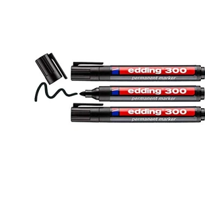 Imagen de edding 300 marcador permanente negro 3 rotuladores punta redonda 1,5 mm resistente al agua, de secado rápido, indelebles para cartón, plástico, vidrio, madera, metal