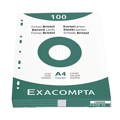 Imagen de Exacompta Bristol Tarjeta de registro, Rayado, A4, paquete 100 tarjetas, Blanco, tarjetas