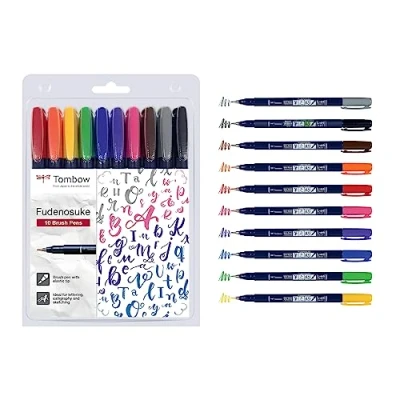 Imagen de Rotulador tombow punta pincel dual fudenosuke dura tinta base de agua estuche 10 unidades colores surtidos