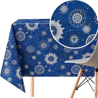 Imagen de KP HOME Mantel Hule Mesa Rectangular 300x140 cm PVC Vinilo para hasta 10 Asientos plastico Impermeable Cubierta de Plástico, Cielo Nocturno Azul con Motivos Plateados