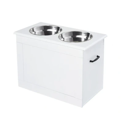 Imagen de PawHut Comedero Elevado para Perros Cuencos con 2 Tazones de Acero Inoxidable y Espacio Almacenaje Oculto 60x30x41 cm Blanco