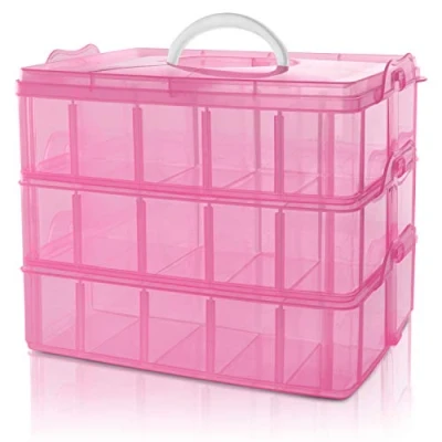 Imagen de BELLE VOUS Caja Almacenamiento Plastico Rosado 3 Niveles Ranuras de Compartimentos Ajustables Organizadora Transparente Máximo 30 Guardar Juguetes Joyas, Cuentas