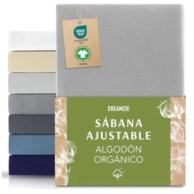 Imagen de Dreamzie Premium Sabanas 120x200 cm hasta 130x200 cm, Sabana Bajera Ajustable Algodon Orgánico, 150 g/m² Gris Certificada sin Productos Químicos (Oeko Tex)