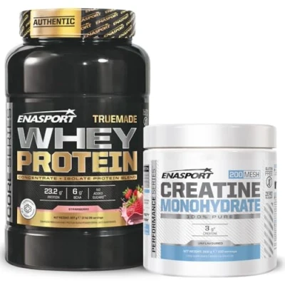Imagen de Pack Enasport Truemade Whey Protein 2lb + Creatina Monohidrato 300g Aumenta el crecimiento muscular y la recuperación. (907, Fresa)