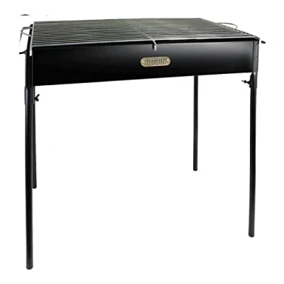 Imagen de Algon Barbacoa de Hierro Artesanal con Ruedas Parrilla Zincada Rectangular para Carbón y Leña Ajustable en 5 Niveles Protector Viento Superficie Lateral Madera (80x42 cm)