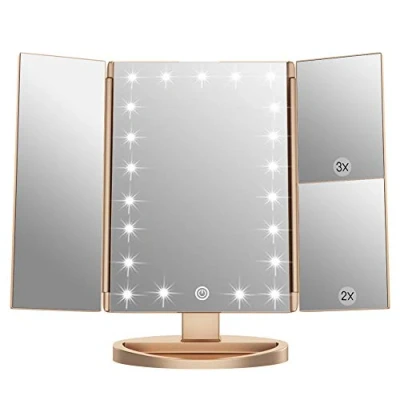 Imagen de WEILY Espejo de Maquillaje,1x / 2X 3X Maquillaje Tres Pliegues con 21 Luces LED y Pantalla táctil Ajustable Iluminado Tocador Espejos cosméticos encimera (Oro)