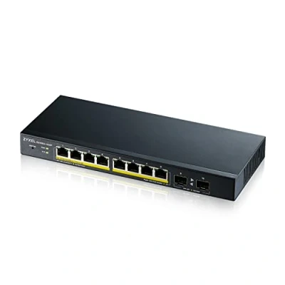 Imagen de Zyxel Switch PoE Gigabit de 8 puertos Gestión inteligente sobremesa/Montaje mural y sin ventilador PoE+ con presupuesto 77 vatios 2 SFP VLAN, IGMP, QoS Garantía por vida [GS1900 10HP]