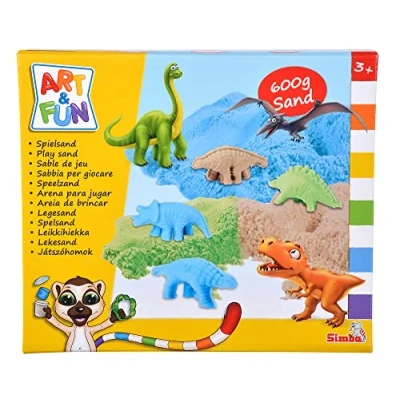 Imagen de Simba 106344621 Art and Fun Juego de arena para jugar con dinosaurios, 3 x 200 g arena, plataforma, 4 formas dinosaurio 3D, forma fósil, scooter, cuchillo, a partir años, multicolor